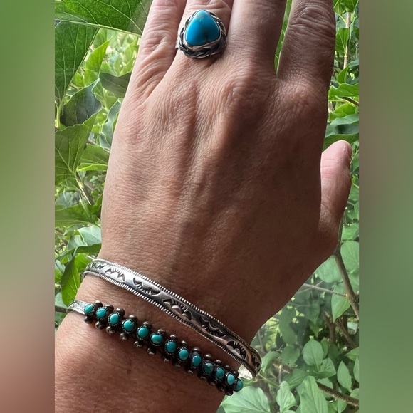 Old Pawn Native American Zuni Turquoise Petite Point Sterling Silver Cuff - Picture 5 of 16